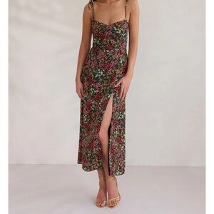 Park & Fifth Black Floral Tie-Shoulder Midi Dress with Side Slit
